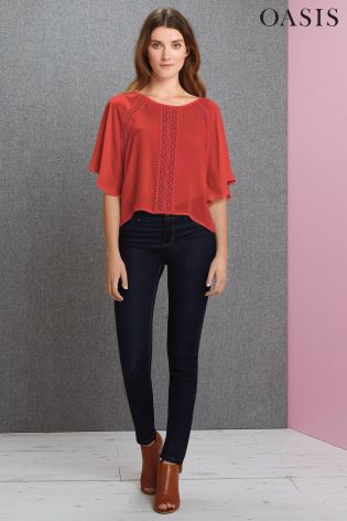 Red Oasis Bobble Trim Flute Sleeve Top